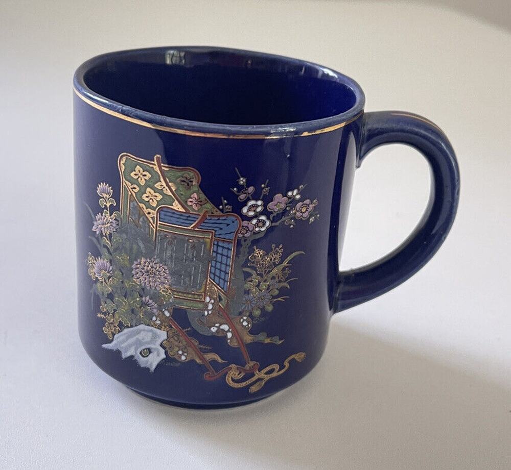 Vintage Floral Rickshaw Design Cobalt Blue Mug Gold Trim Coffee Tea Cup Japan
